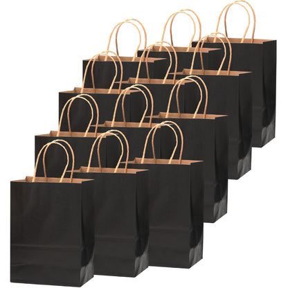 qiqee 50-Packs Black Paper Gift Bags with Handles Bulk 8.3"x3"x 6" Small Size Paper Bags Multiple Uses(Small Size)