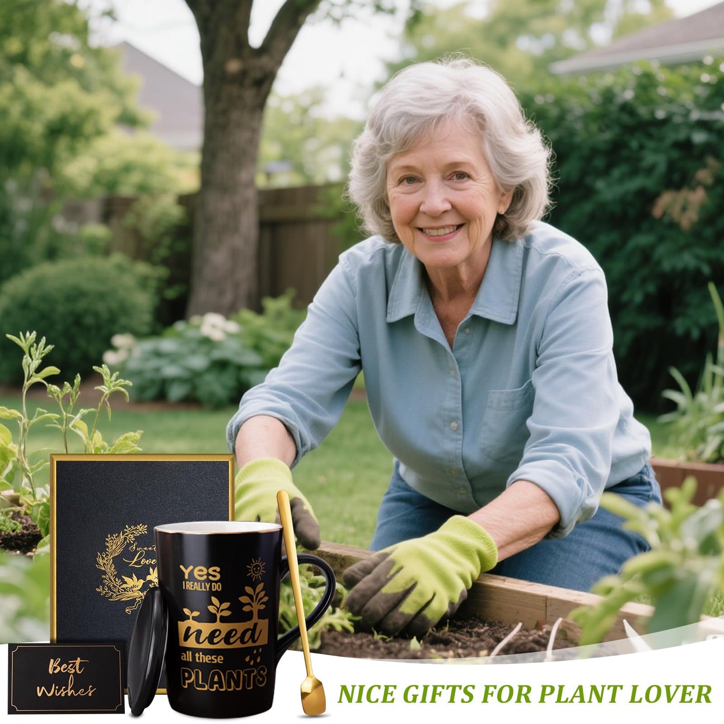 Gardening Gifts for Women Men - Cool Plant Lover Gift Coffee Mug, Garden Gifts for Gardeners, Plant Lady, Mom, Dad, Son, 14oz Black Ceramic Mug with Gold Print, Lid, Spoon Card, Luxury Gift Boxed