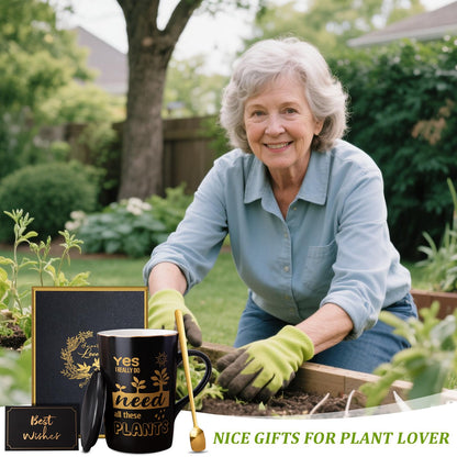 Gardening Gifts for Women Men - Cool Plant Lover Gift Coffee Mug, Garden Gifts for Gardeners, Plant Lady, Mom, Dad, Son, 14oz Black Ceramic Mug with Gold Print, Lid, Spoon Card, Luxury Gift Boxed
