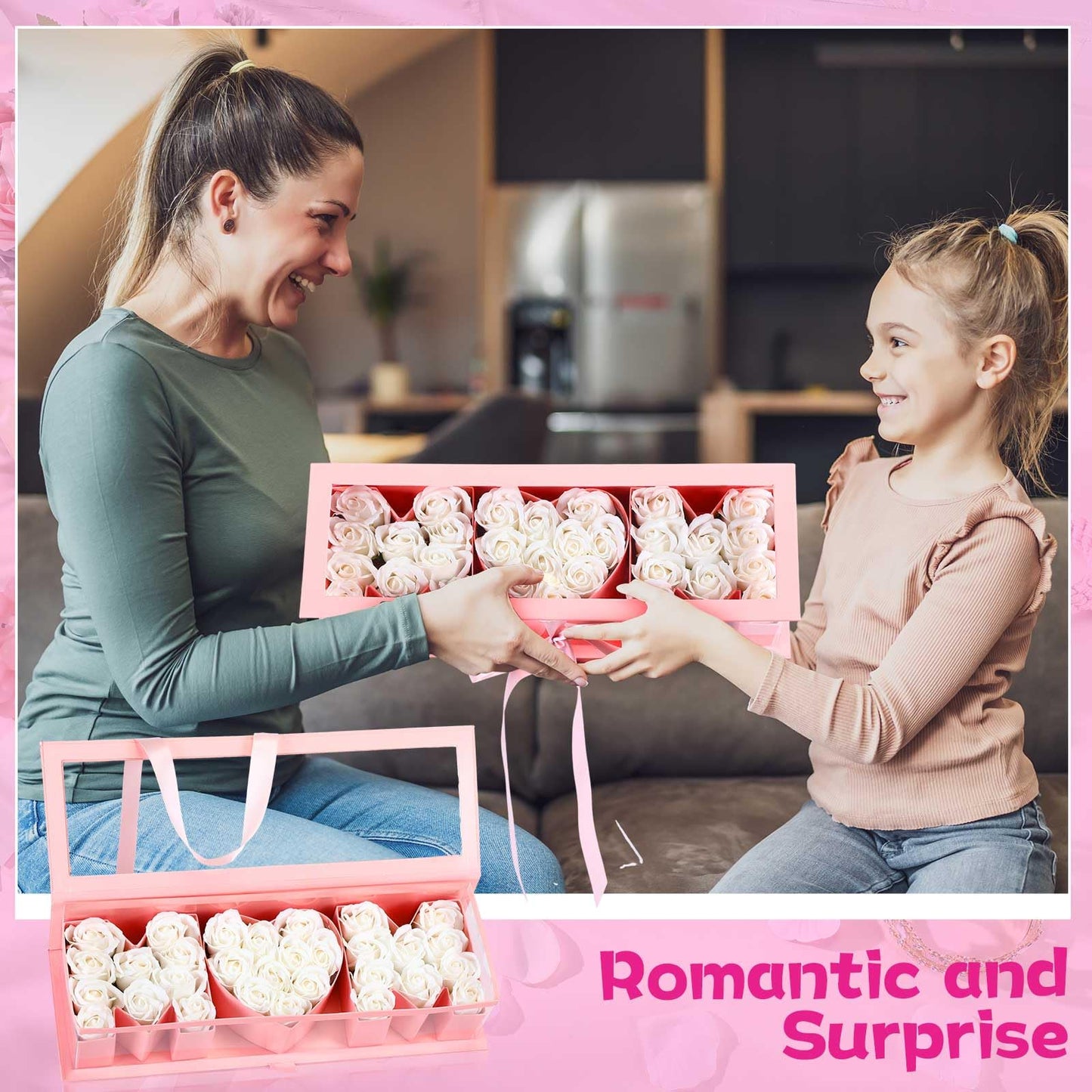 Thiccywoov 1 Pcs Mother's Day Flower Box with 30 Scented Flowers Mom Letter Shaped Fillable Boxes Floral Gift Packaging for Arrangement Mother's Day, Birthday Gift(Pink Box, White Flower)