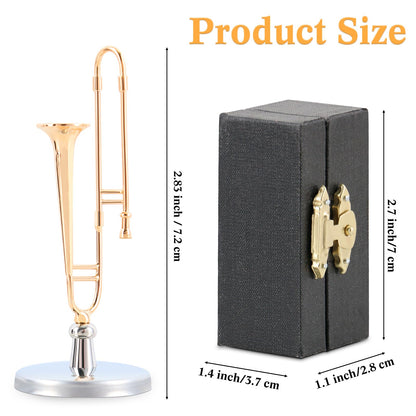 EASTROCK 2.1in Mini Trombone Model, Gold Plated Miniature Trombone with Case and Stand, Mini Musical Instrument Home Ornament Dollhouse Decoration