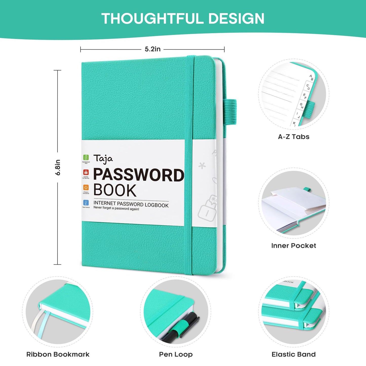 Taja Password Keeper Book with Alphabetical Tabs, Small Password Books for Seniors, Password Notebook for Internet Website Address Log in Detail, Password Logbook to Help You Stay Organized - Aquamarine