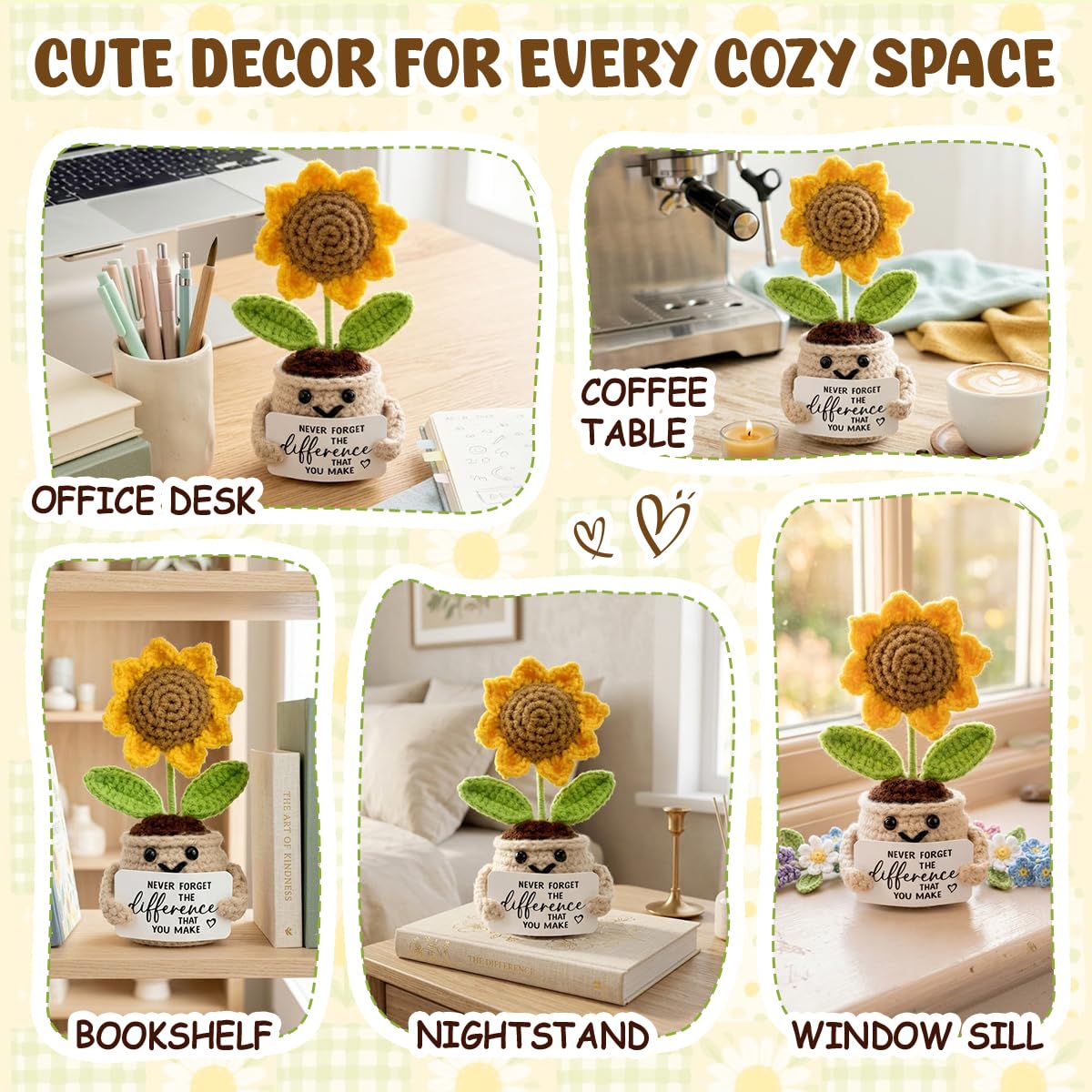 Tiny Detalles Birthday Gifts for Women - Mini Positive Crochet Sunflower, Unique Teacher Appreciation Gifts, Thank You Gifts for Women, Nurse, Friends, Coworker and Sunflower Decor