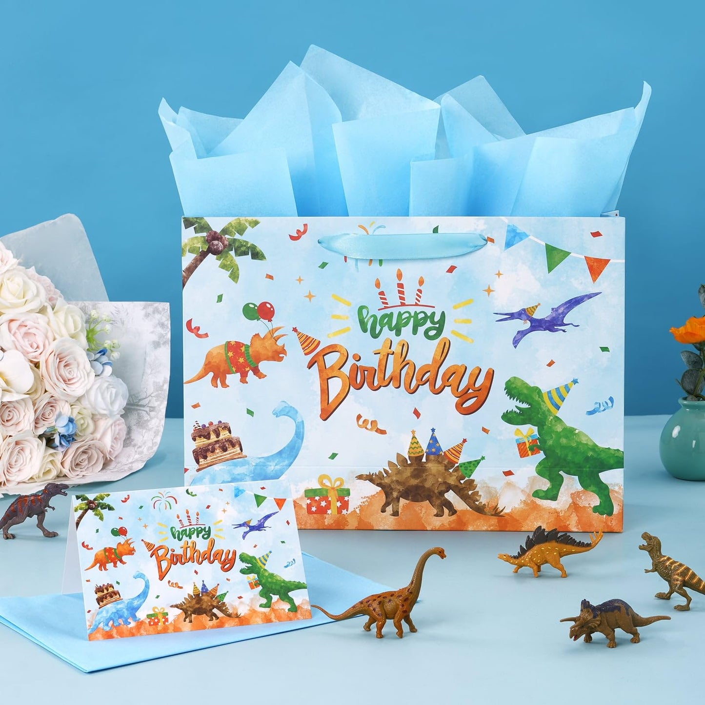 WERNNSAI Dinosaur Birthday Bag - 13" Large Happy Birthday Gift Bags with Wrapping Tissue Paper and Greeting Card for Boys Girls and Kids Dino Party Supplies Baby Showers