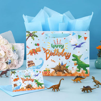 WERNNSAI Dinosaur Birthday Bag - 13" Large Happy Birthday Gift Bags with Wrapping Tissue Paper and Greeting Card for Boys Girls and Kids Dino Party Supplies Baby Showers