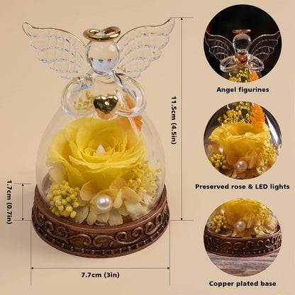 Preserved Real Rose in Glass Angel Figurine with LED Light, Angel Gifts for Women, Mom, Grandma on Mother's Day Christmas Birthday (Yellow)