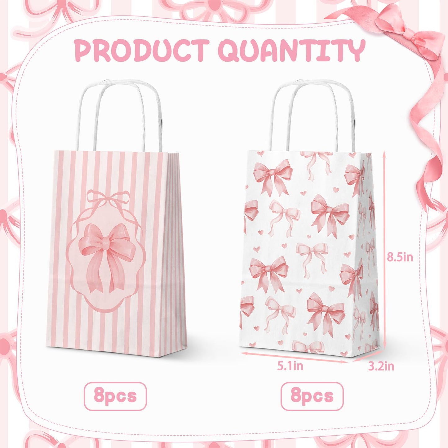 FRIDAY NIGHT 16 PCS Pink Bow Paper Gift Bags with Handle Valentine's Day Gift Bag Pink Party Favor Bag Cute Bow Goodie Candy Treat bags for Birthday Wedding Engagement