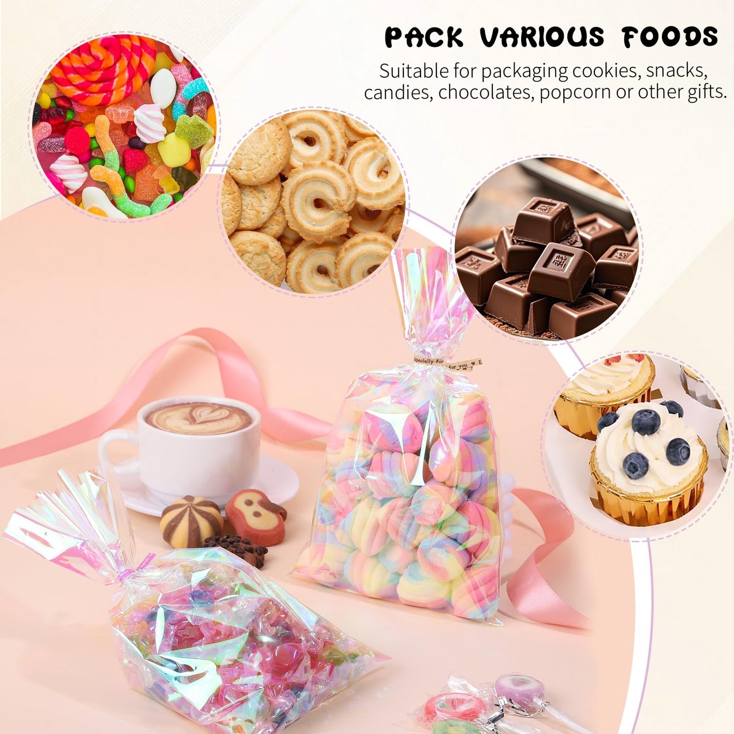 woric 150 PCS Iridescent Cellophane Treat Bags with Ties 6x9 Inch Clear Party Favor Bags Holographic Goodie Bag for Candy Baby Showers Mother's Day Weddings Birthday Party Favors