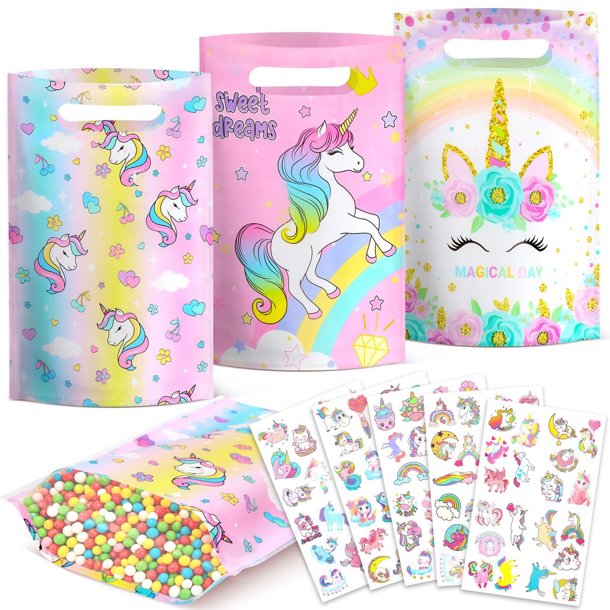 momoake Unicorns Party Favor Bags, 24 PCS Goodie Bgs with 120 Waterproof Vnyl Stickers for Kids Unicorns Birthday Decorations