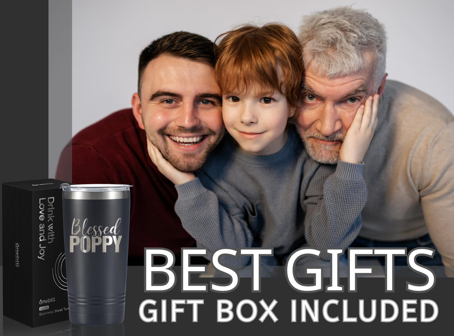 Onebttl Poppy Gifts, Grandpa Gifts from Grandchildren, Father's Day Gifts for Poppy, Laser Engraved Design, 20oz/590ml, Stainless Steel Tumbler with Straw & Lid, Black - Blessed Poppy