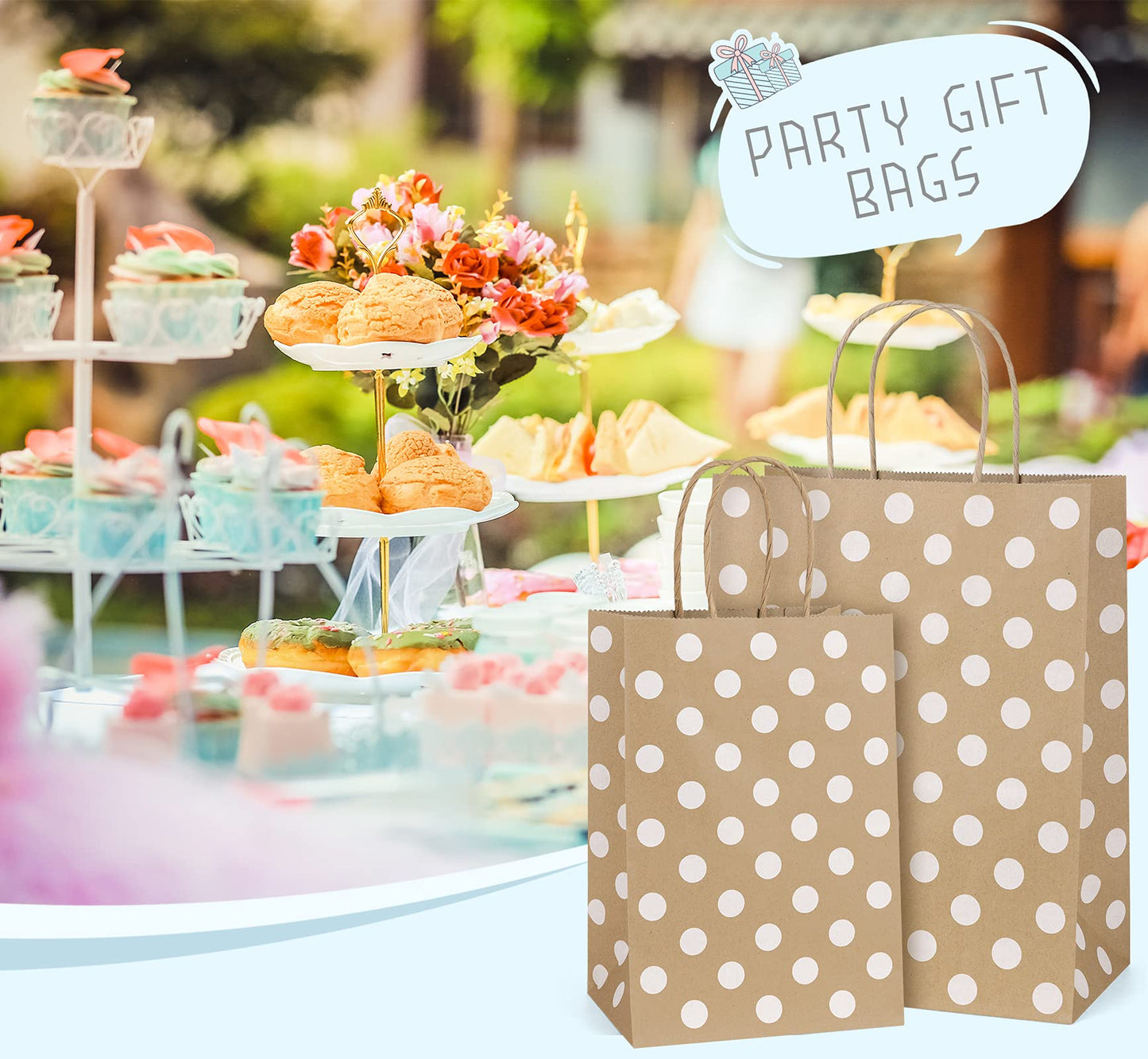 BagDream Small Paper Gift Bags 25Pcs 5.25x3x8 Inches With Handles, Shopping Party Bags Recyclable Kraft Brown Dot