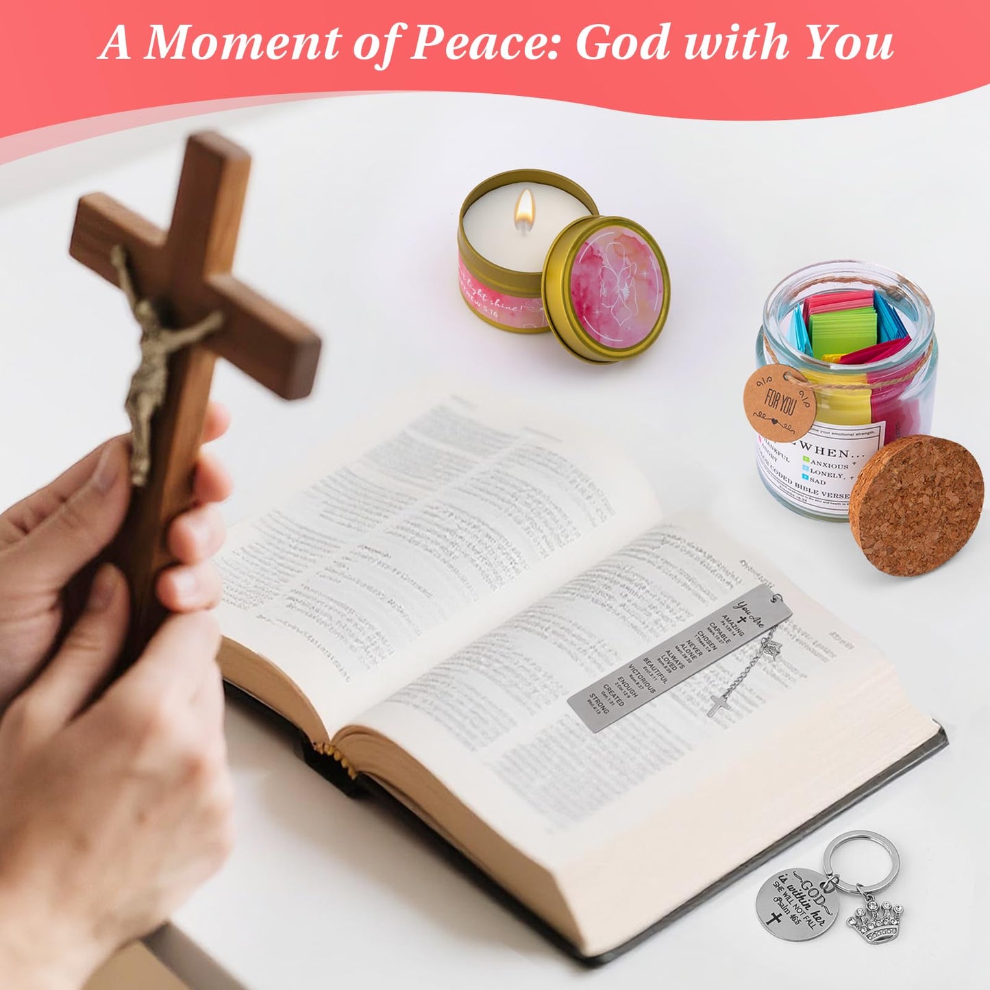 Christian Gifts for Women Religious Catholic Inspirational Gifts for Women Birthday 9PCS Baptism Spiritual Faith Gift Set Include Bible Verse Jar Christian Bookmark Keychain Tote Bag Necklace Mugs