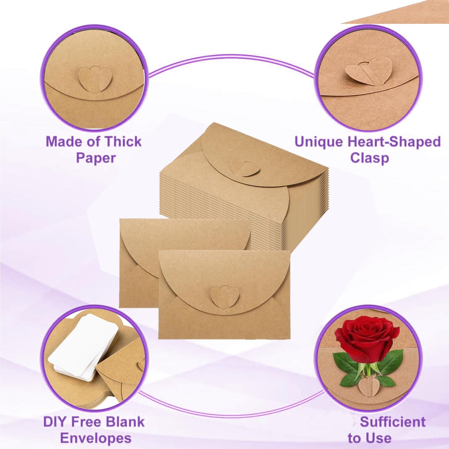 50 Pcs Mini Envelopes with Heart Clasp, Mini Cute Kraft Paper Envelopes,Gift Card Holders 4 x 2.7in,for Business Cards, Weddings Favors (50)