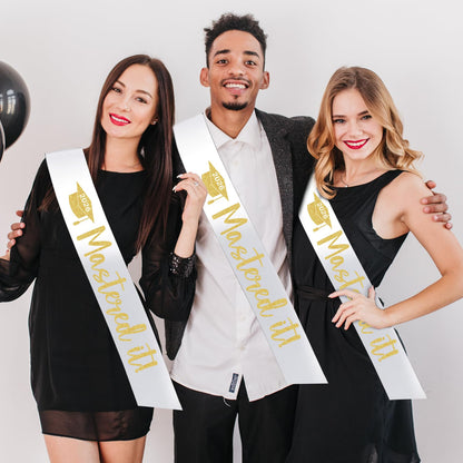Mastered It Graduation Sash Class of 2026 Glitter Satin Sash for Masters - Congrats Grad Decorations, Masters Degree Graduation Gift for Her or Him, Grad Party Supplies - White Gold
