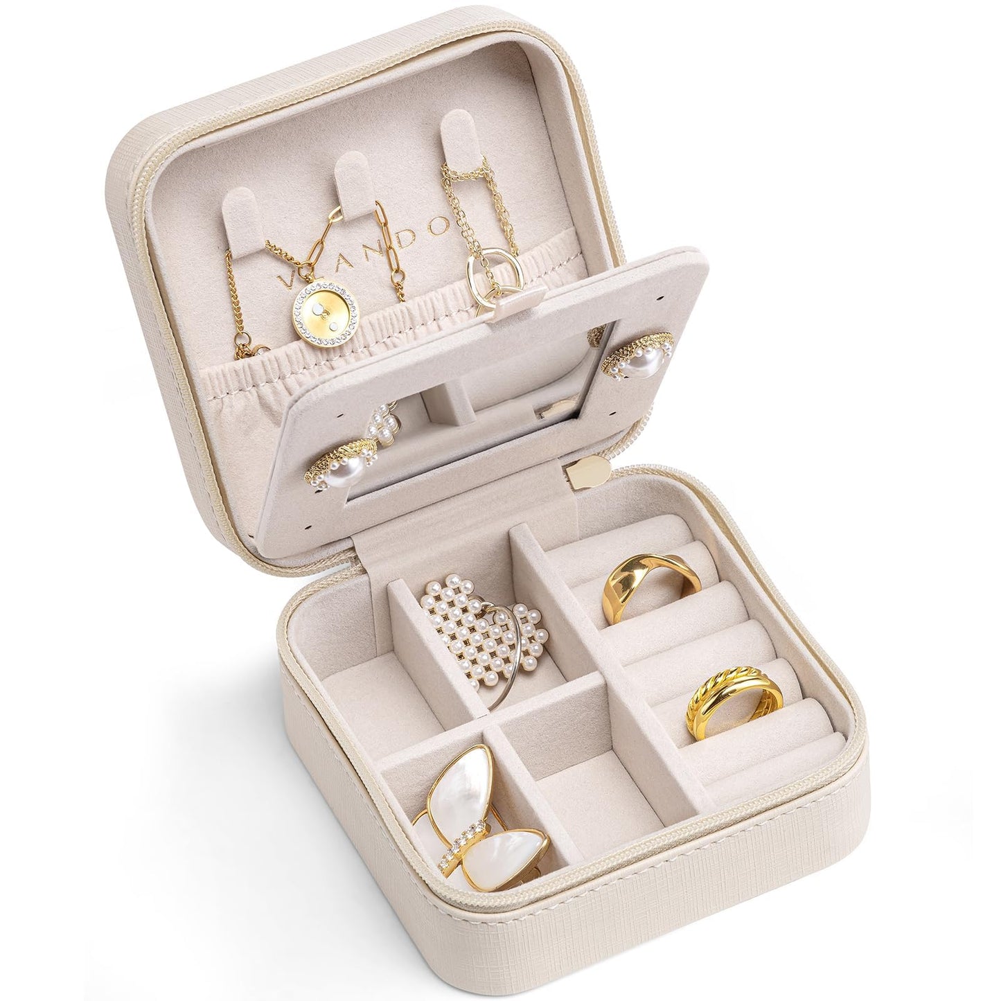 VLANDO Bridesmaid Gifts - Small Travel Jewelry Box Organizer - Wedding Gifts for Girls Women Rings Earrings Necklaces Storage with Mirror - Milky White