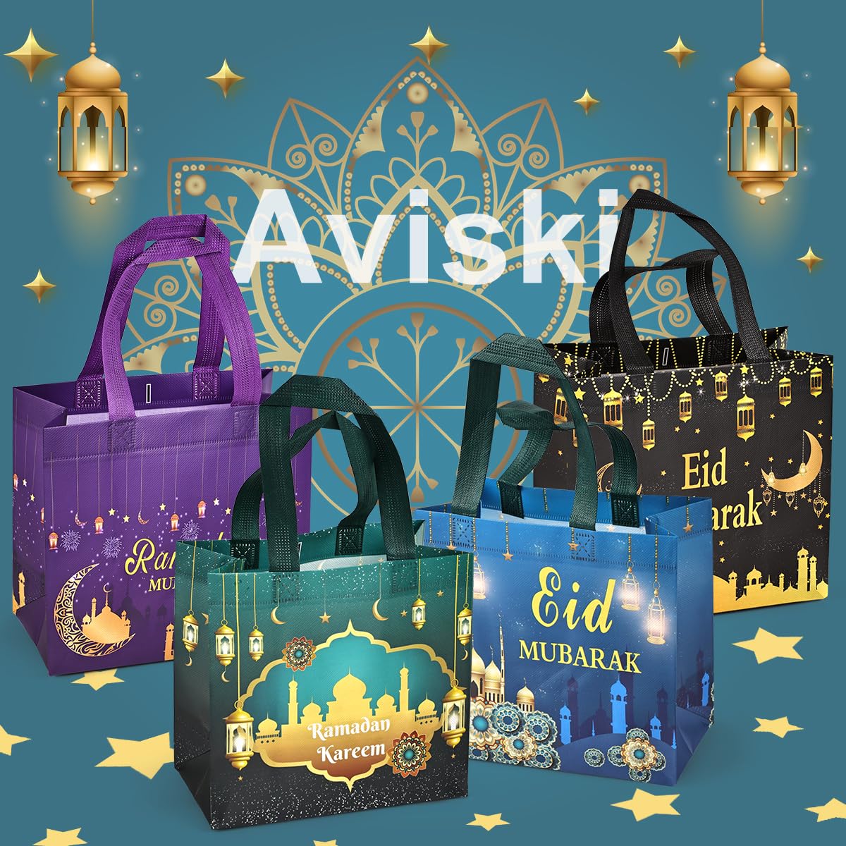 Aviski 4PCS Eid Mubarak Reusable Gift Bags, Treat Bags with Handles, Ramadan Mubarak Party Bags, Multifunctional Non-Woven Eid Bags for Gifts Wrapping, Ramadan Kareem Party Supplies, 9.2"×8.7"×4.3"