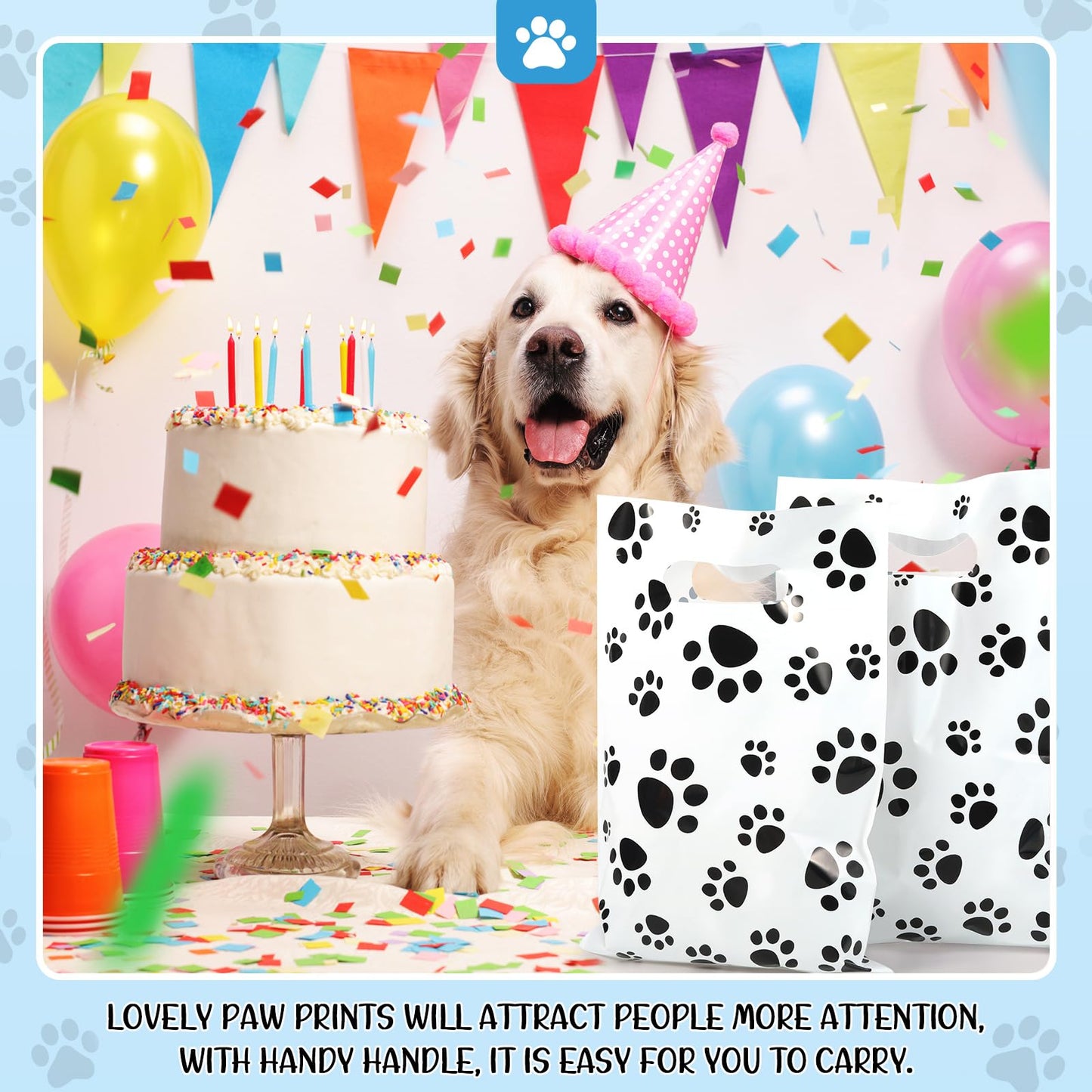 Pasimy 100 Pcs Dog Paw Gift Bags Bulk Pet Paw Puppy Plastic Treat Favor Candy Goodie Bags with Handle for Dog Birthday Party Decoration Supplies(White,Black)