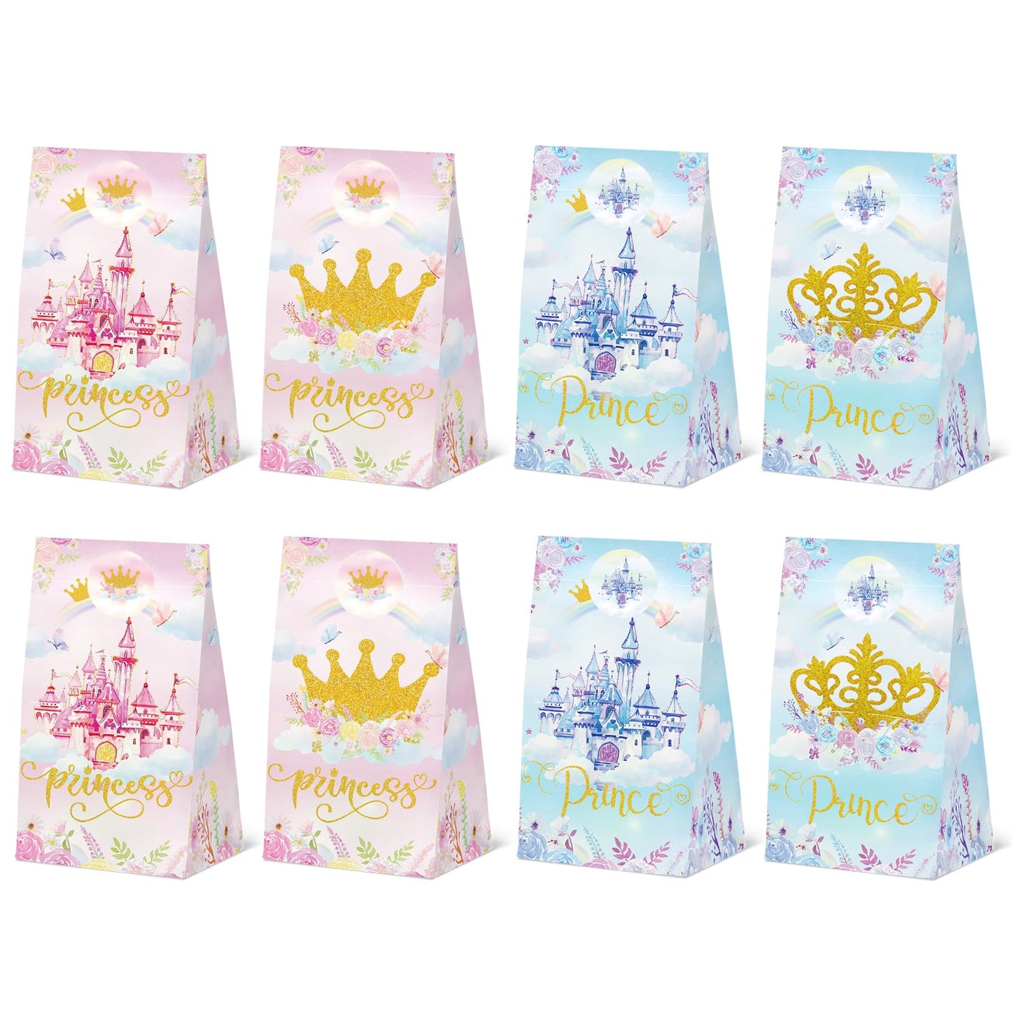 24 Pcs Princess Prince Party Gift Bags with Stickers,Castle Themed Birthday Party Favor Bags for Princess Prince Party,Gender Reveal & Wedding Decorations Supplies