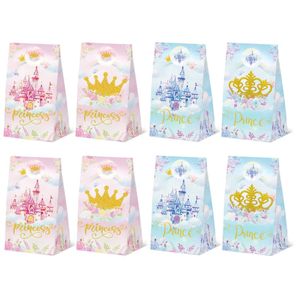 24 Pcs Princess Prince Party Gift Bags with Stickers,Castle Themed Birthday Party Favor Bags for Princess Prince Party,Gender Reveal & Wedding Decorations Supplies