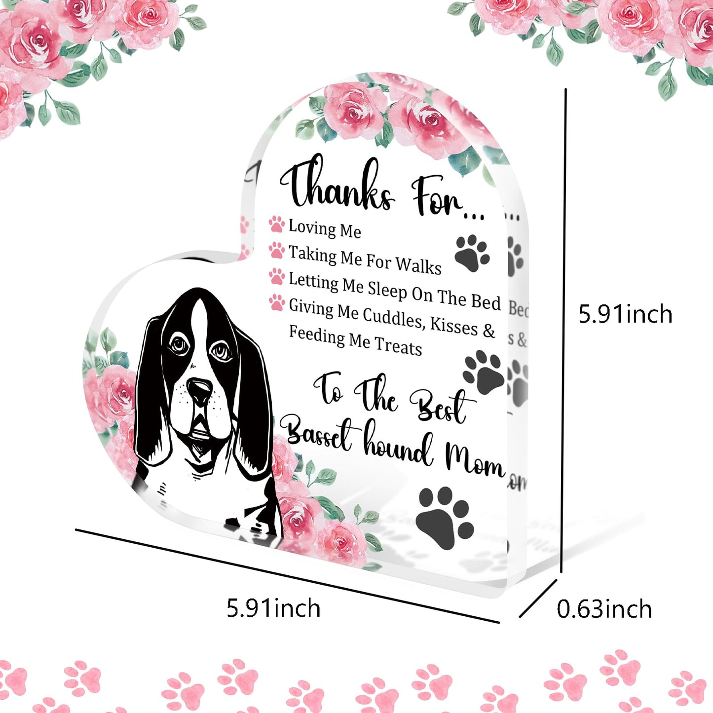 Tian Zhun Basset Hound Gifts for Women Thank You Basset Hound Mom Gifts for Women Dog Lover Rose Acrylic Heart Plaques Appreciation Gift for Mothers Day Christmas Birthday