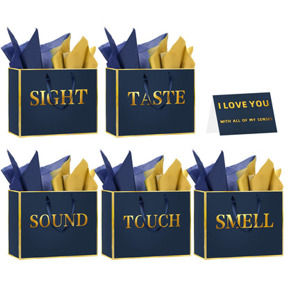 5 Senses Gift Bags for Him Her with Labels, Handles & Tissue Paper - Gold Foil Five Senses Gift Bags Party Decor for Birthday, Wedding, Anniversary,Christmas, Valentine's Day (Navy Blue, 11.8x 10x 4 inch)