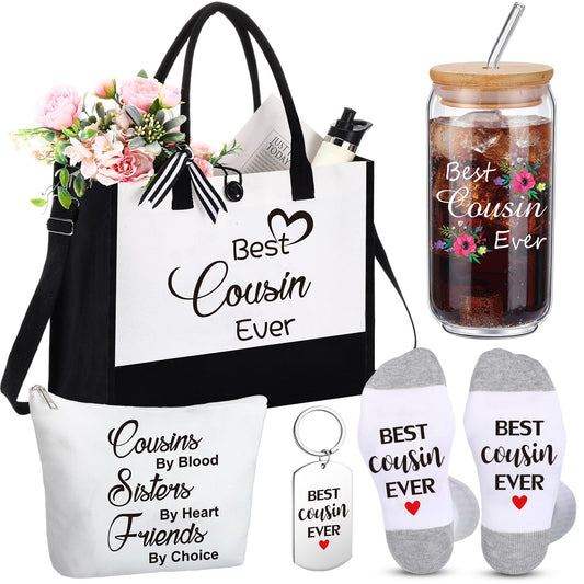 Funnymoom 5 Pack Cousin Gifts for Women, Best Cousin Ever Themed Gifts Ideas for Birthday, Thank You Set with Canvas Tote Bag, Canvas Makeup Bag, 16 oz Drinking Glass Cup, Socks and Keychain