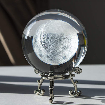H&D HYALINE & DORA 70mm (2.75 Inch) 3D Laser Moon Crystal Glass Ball Paperweight with Metal Stand Home Decoration Collectible Gift
