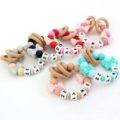 Personalized Baby Teether Ring with Name Custom Silicone Rattle Teething Bracelet with Natural Beech Wood Customizable Toddler Newborn Baby