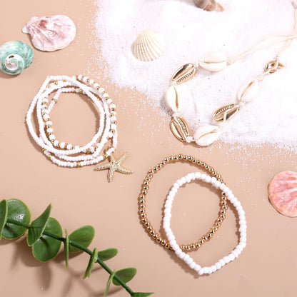 Mikovivi 7pcs Summer Beach Bracelets for Women, Stackable Shell Seashell Starfish Beaded Surfer Bracelets Set Boho Seaside Holiday Vacation Party Friendship Jewelry Gift