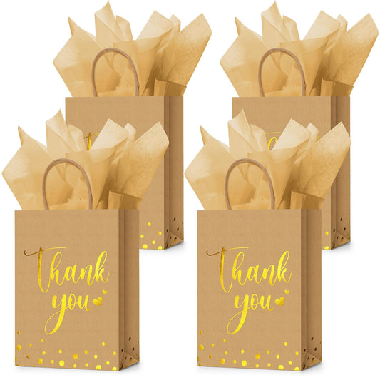Tinlade 12 Pcs Thank You Gift Bags with Tissue Paper Gold Polka Dots Thank You Bags with Handle Party Favor for Wedding Birthday Baby Shower Business Shopping(Kraft Color)