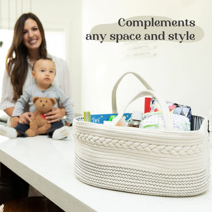 luxury little Diaper Caddy Organizer, Large Cotton Rope Nursery Baby Basket, Changing Table Organizer for Baby Diaper Storage, Portable Car Organizer Removable Divider (Off White, Large)