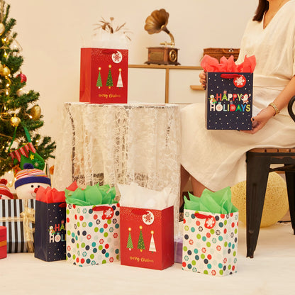 SUNCOLOR Small Christmas Gift Bags with Tissue Paper, 6 Pack Holiday Theme Bags in 3 Festive Designs, 7x9x4 Inches, Red Navy White with 12 Sheets Tissue Paper