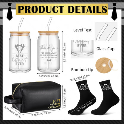 Baderke 8 Pcs Best Officiant Gifts Wedding Proposal Set 16 oz Glass Cup with Lids Straw, Leather Toiletry Bag, Officiant Book, Functional Pen, Socks, Greeting Card Envelope with Gift Box for Sermon