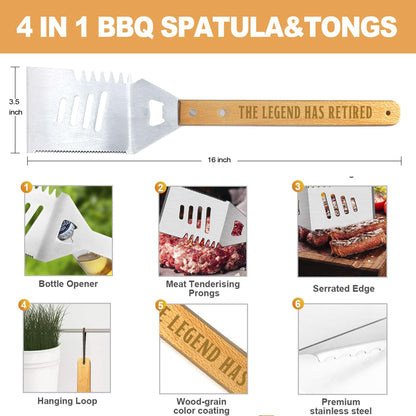 Retirement Gifts for Men, Retired Gift for Dad, Grandpa, Coworker, Retirees Heavy Duty Wooden BBQ Grill Accessories Kit, Thick Stainless Steel Grill Utensil with Non-Slip Handle Tools in Portable Box