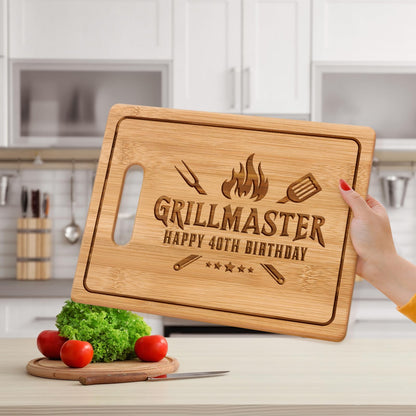 40th Birthday Gifts for Men, Grillmaster - 11x8.5 Inch Engraved Bamboo Cutting Board, Happy 40 Year Old Birthday Gifts for Men Friend Dad Husband Friend, Cool Present for 40th Birthday