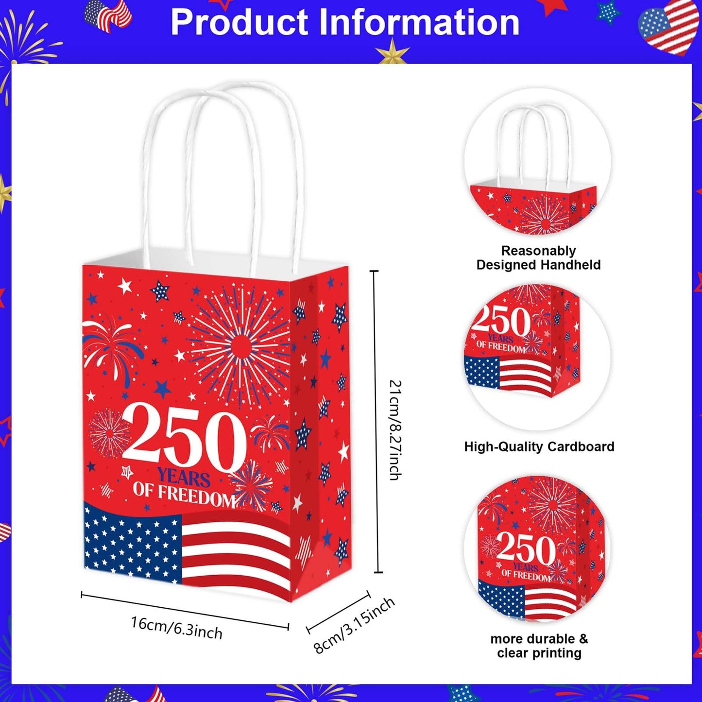 Qpout 12PCS 250th Anniversary Patriotic Gift Bags, Double Sided 1776-2026 Red White Blue Paper Bags with Handles, Bulk 4th of July Favor Bags for Independence Day, Memorial Day, Parades, Patriotic Holiday Party Supplies