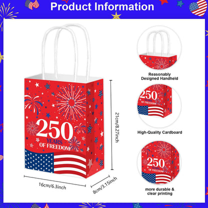 Qpout 12PCS 250th Anniversary Patriotic Gift Bags, Double Sided 1776-2026 Red White Blue Paper Bags with Handles, Bulk 4th of July Favor Bags for Independence Day, Memorial Day, Parades, Patriotic Holiday Party Supplies