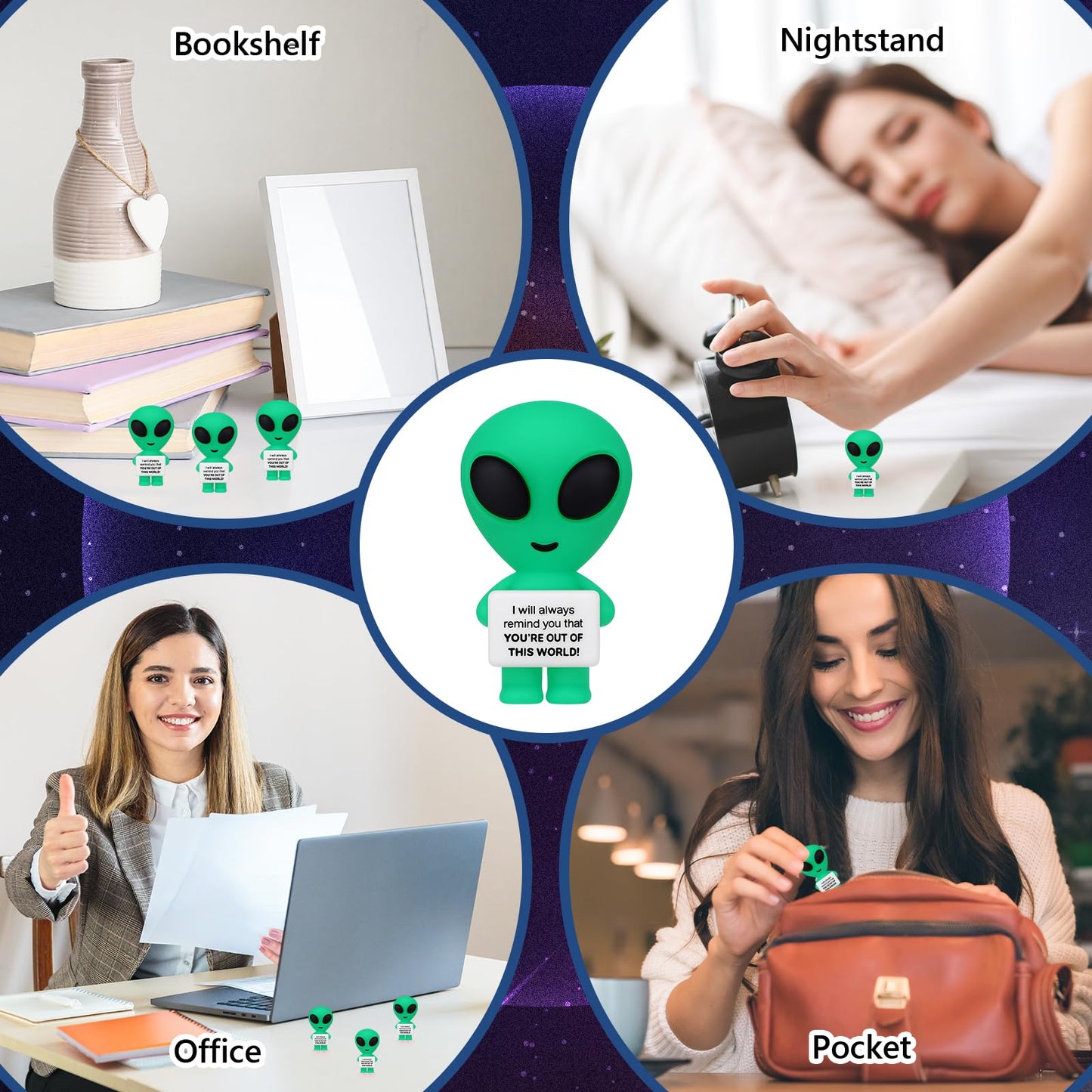 Gejoy 25 Pcs Mini Alien Figures Positive Gifts Motivational Message Decorations Inspirational Rubber Mini Alien Figurines for Colleague Staff Teacher