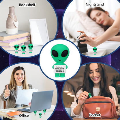 Gejoy 25 Pcs Mini Alien Figures Positive Gifts Motivational Message Decorations Inspirational Rubber Mini Alien Figurines for Colleague Staff Teacher