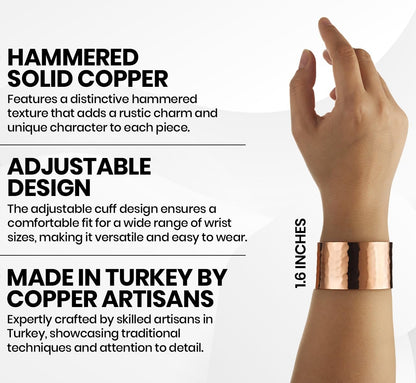 DEMMEX Copper Bracelet for Women – 100% Pure Hammered Turkish Copper Cuff, 1.5mm Thick High-Gauge, Handmade, Uncoated & Non-Magnetic, 1.6" Wide, Adjustable, in Wooden Gift Box