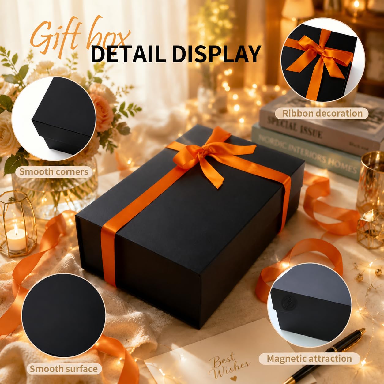 Large Black Magnetic Gift Box with Lid 13x9x4.3 Inch - Reusable Keepsake Box for Groomsmen Gifts, Wedding Proposal, Valentine's Day & Birthday - Includes Satin Ribbon, Gift Card & Paper Filler