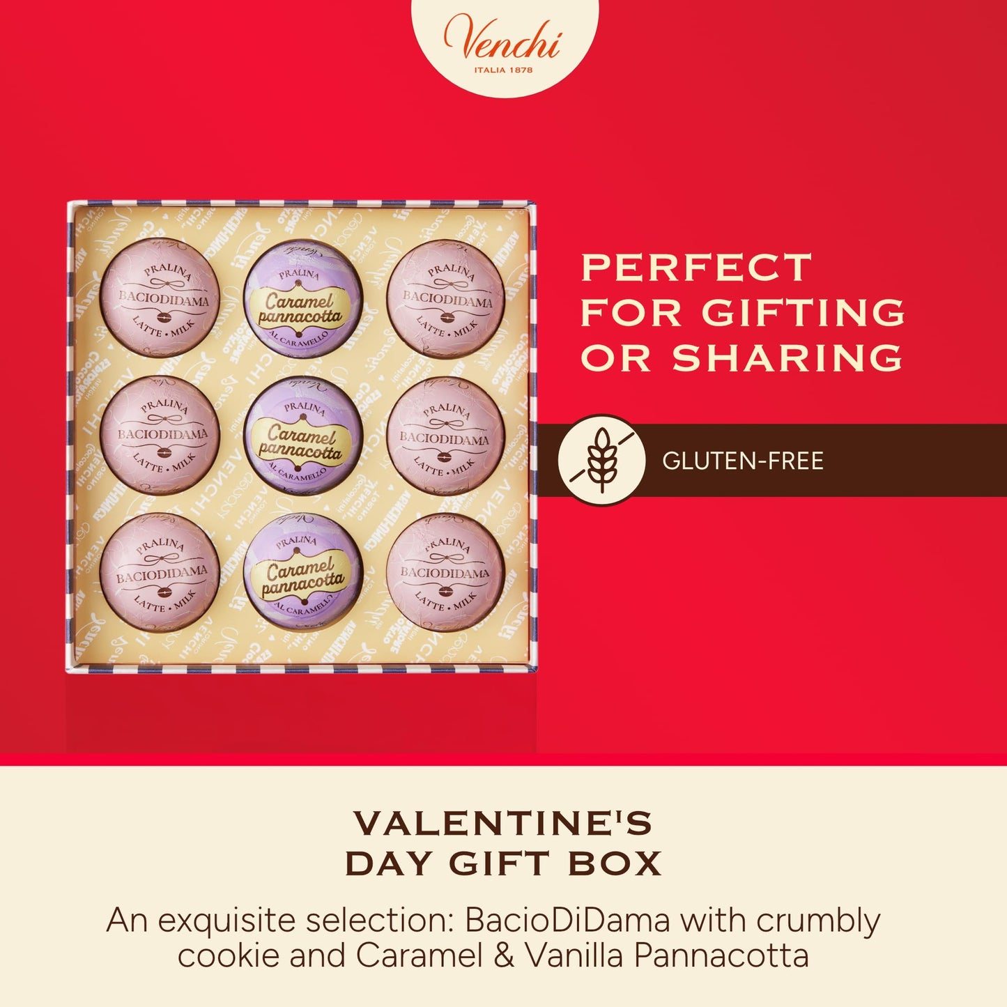 Venchi - Giftbox with 9 Milk Chocolate BacioDiDama and Caramel Pannacotta Pralines, 5.5 Oz, Gluten-Free, No Artificial Colours and Preservatives, Mother's Day Gift Idea