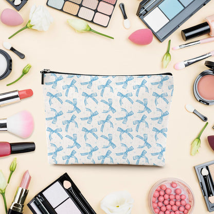 Coquette Makeup Bag Trendy Teen Girls Gifts Blue Bow Pouch Bag Gift for Women Aesthetic Cosmetic Bag Preppy Stuff Trendy Preppy Makeup Bag Funky Zipper Travel Toiletry Bag