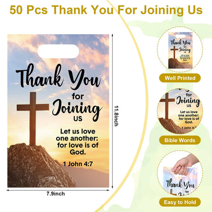 Panelee 50 Pcs Welcome to Our Church Bags Religious Plastic Brochure Church Gift Christian Cross Goody Treat Bags with Handles for Vbs Party Supplies Party Favor Decoration
