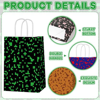 12 PCS Pixel Party Favors Bags Video Game Themed Paper Treat Bags with Handles Pixelated Goodie Gift Bag for Boys Girls Video Game Happy Birthday Baby Shower Party Decoration Supplies