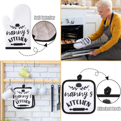 Tatuo Nanny Gifts, Birthday Gifts for Nanny from Grandkids, 5 Pcs Kitchen Gift Set-2 Microfiber Dish Towels, 2 Oven Pads, 1 Oven Mitt, Funny & Heartwarming Cooking Kitchen Gift