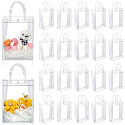 Saintrygo Clear PVC Gift Bags with Handles Reusable Plastic Wrap Tote Transparent Shopping Bags for Christmas Party Favors Weddings Merchandise Retail Small Business, 9 x 6.7 x 2.6 Inches(100 Pieces)