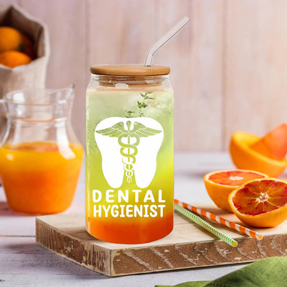 Dental Hygienist Gifts for Women, 16oz Dental Hygienist Glass Cup With Straw, Appreciation Week Graduation Gift Dental Hygienist Must Haves Travel Coffee Tumbler Mug Cup