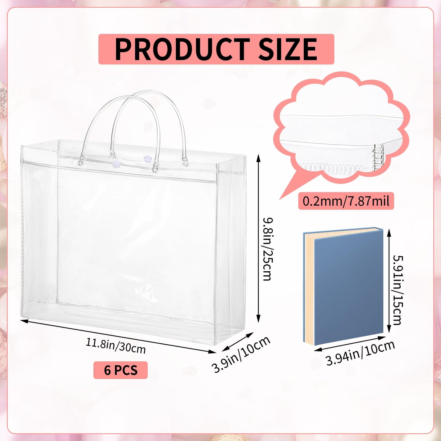 woric 6 Pack Large Clear Gift Bags with Handle, 11.8"X3.9"x9.8" Plastic Valentine's Day Bags Shopping Bag for Small Business Gifts Party Favors