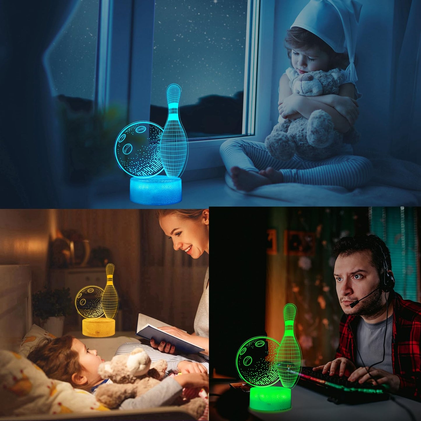 Bowling Night Light, Bowling Gifts 3D Illusion Lamp with 16 Colors Changing, Timer, 4 Flash Modes and Dimmable, Kids Boys Girls Room Decoration, Holiday Xmas Gifts
